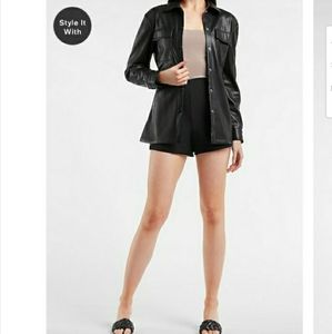 Belted Faux Leather Patch Pocket Shirt Jacket